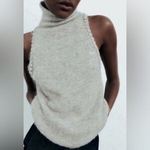 Zara sleeveless sweater jewel trim wool blend mock neck gray small